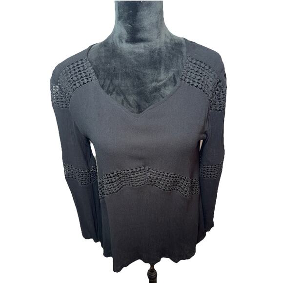 Earthbound Black 100% Cotton Bell Sleeve OpenKnit Detail Whimsigoth Fairy Grunge - Picture 1 of 13